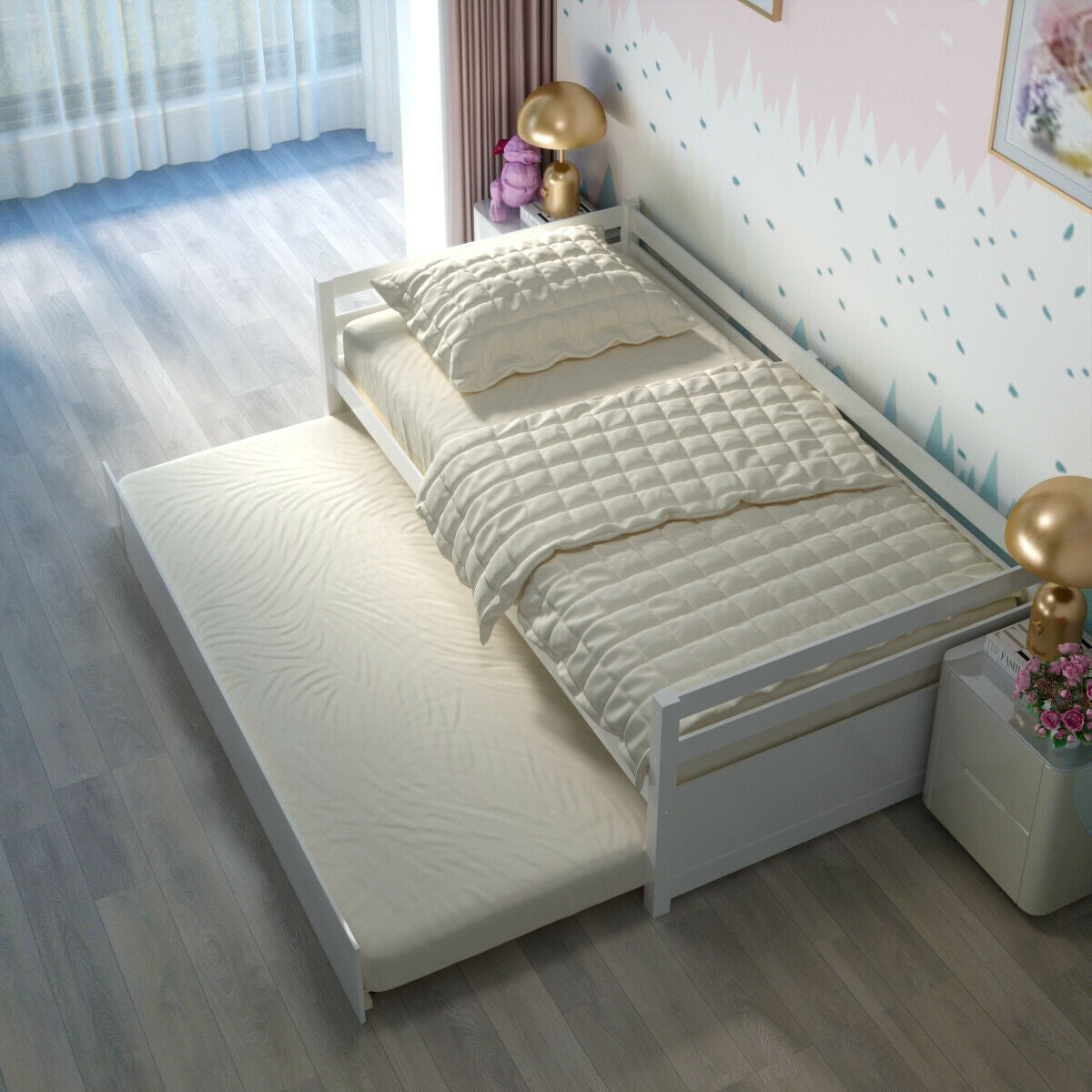 Twin Size Wooden Slat Trundle Platform-White Kids Crystal