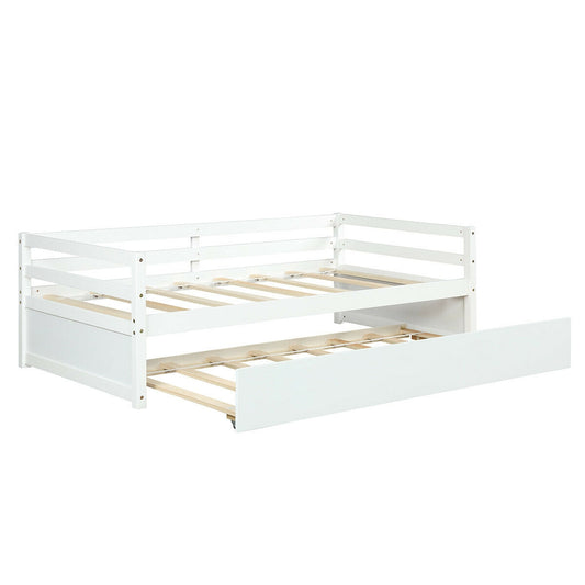 Twin Size Wooden Slat Trundle Platform-White Kids Crystal