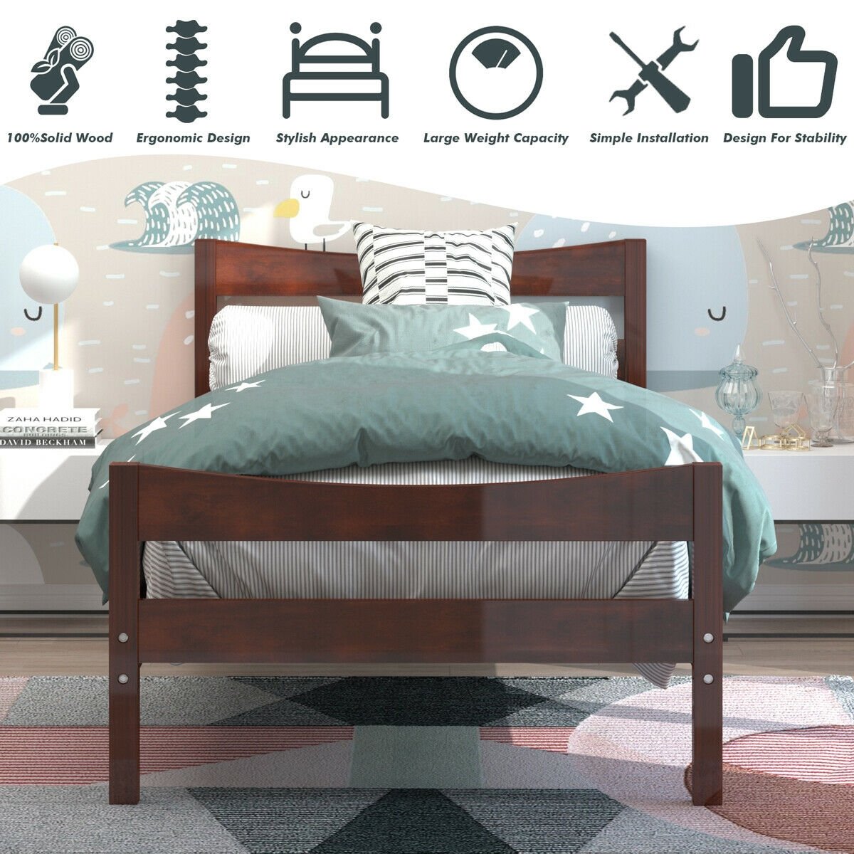 Twin Size Platform Bed Frame Foundation Slat Support -Walnut Kids Crystal