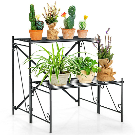 2-Tier Stair Style Metal Plant Stand for Indoor and Outdoor-Black Kids Crystal