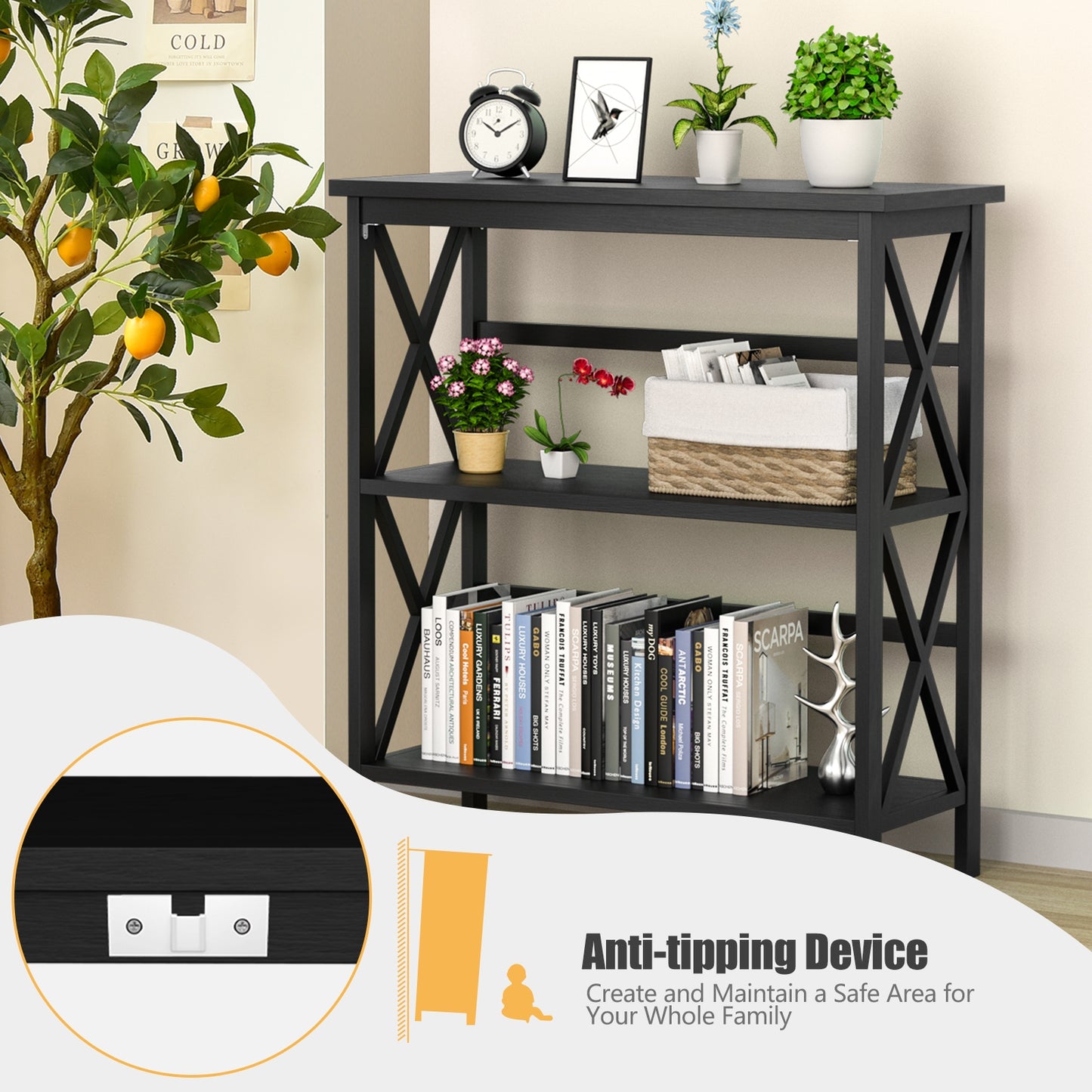 3-Tier Multi-Functional Storage Shelf Units Wooden Open Bookcase and Bookshelf-Black Kids Crystal