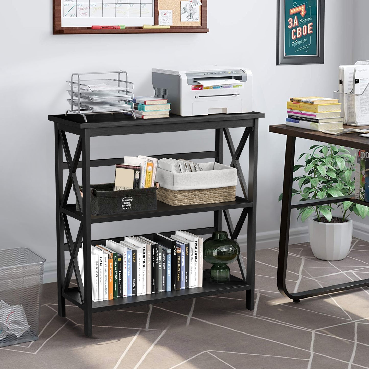 3-Tier Multi-Functional Storage Shelf Units Wooden Open Bookcase and Bookshelf-Black Kids Crystal