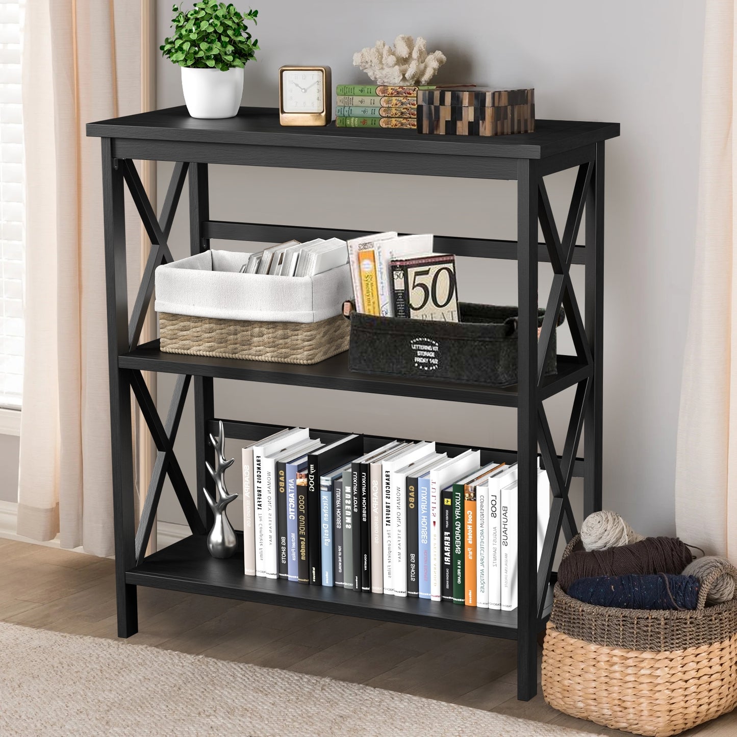 3-Tier Multi-Functional Storage Shelf Units Wooden Open Bookcase and Bookshelf-Black Kids Crystal