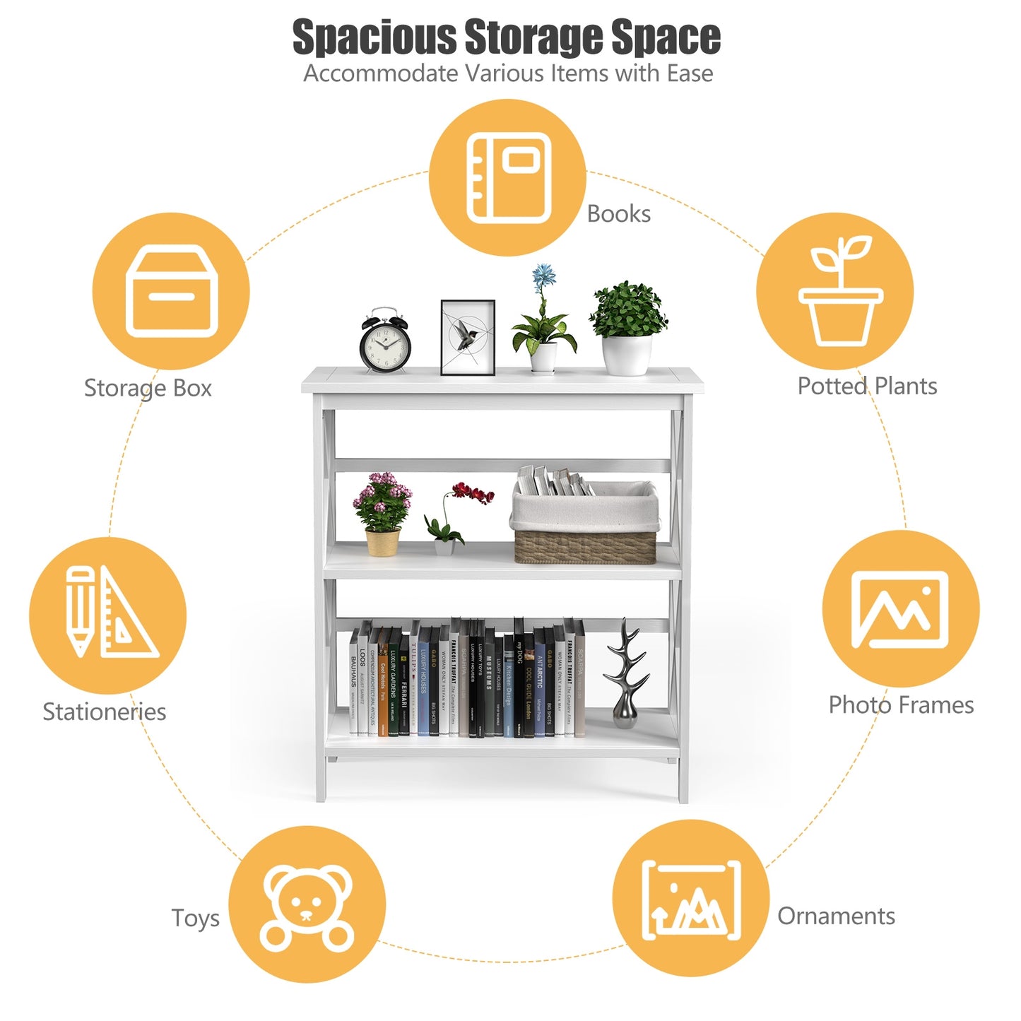 3-Tier Multi-Functional Storage Shelf Units Wooden Open Bookcase and Bookshelf-White Kids Crystal