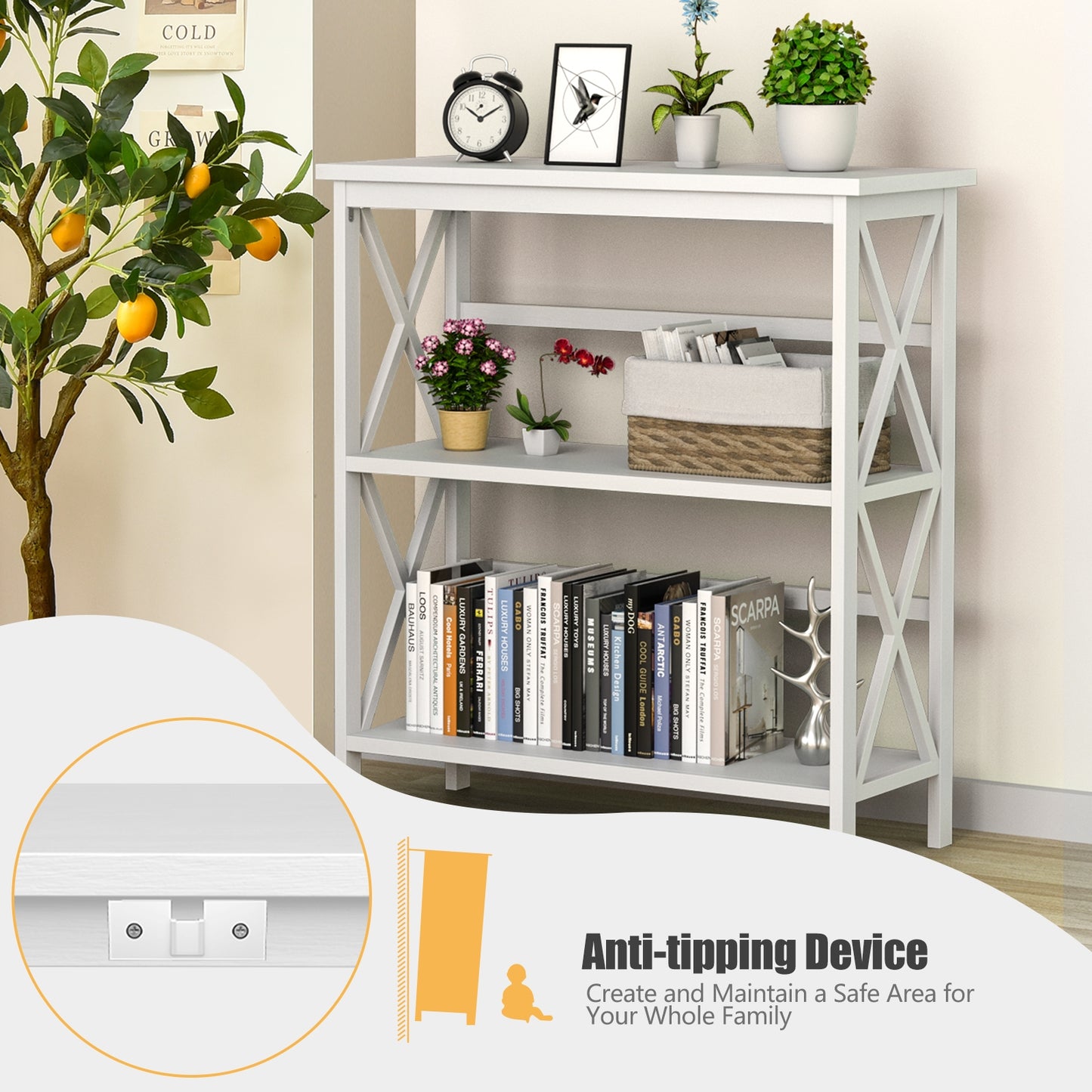 3-Tier Multi-Functional Storage Shelf Units Wooden Open Bookcase and Bookshelf-White Kids Crystal