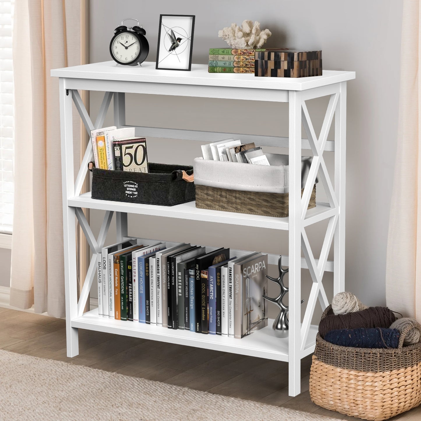 3-Tier Multi-Functional Storage Shelf Units Wooden Open Bookcase and Bookshelf-White Kids Crystal