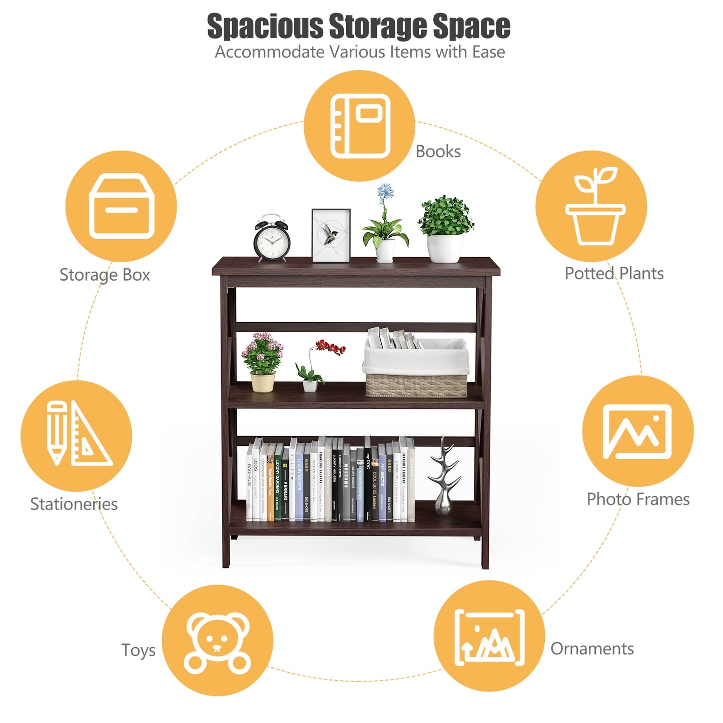 3-Tier Multi-Functional Storage Shelf Units Wooden Open Bookcase and Bookshelf-Dark Brown Kids Crystal