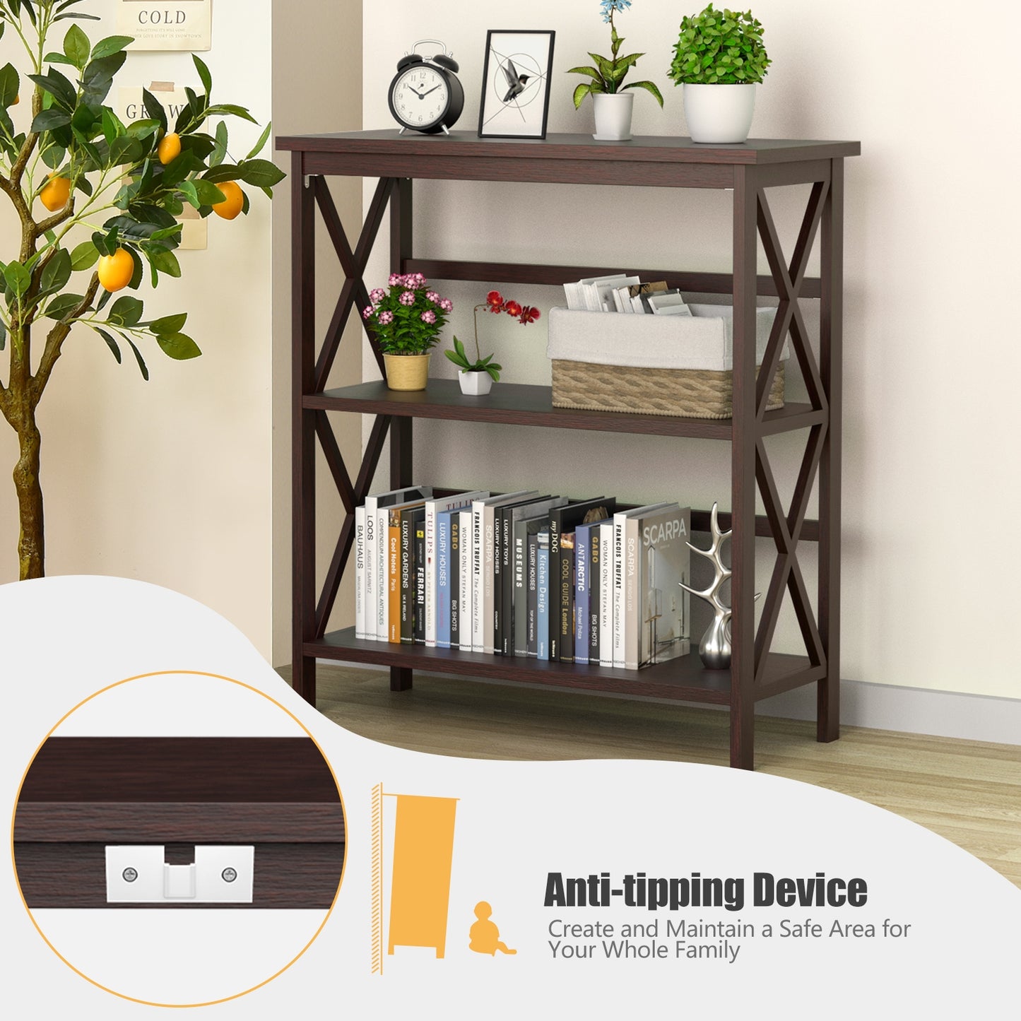 3-Tier Multi-Functional Storage Shelf Units Wooden Open Bookcase and Bookshelf-Dark Brown Kids Crystal