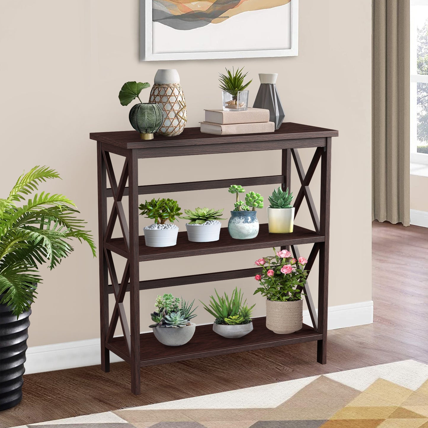 3-Tier Multi-Functional Storage Shelf Units Wooden Open Bookcase and Bookshelf-Dark Brown Kids Crystal