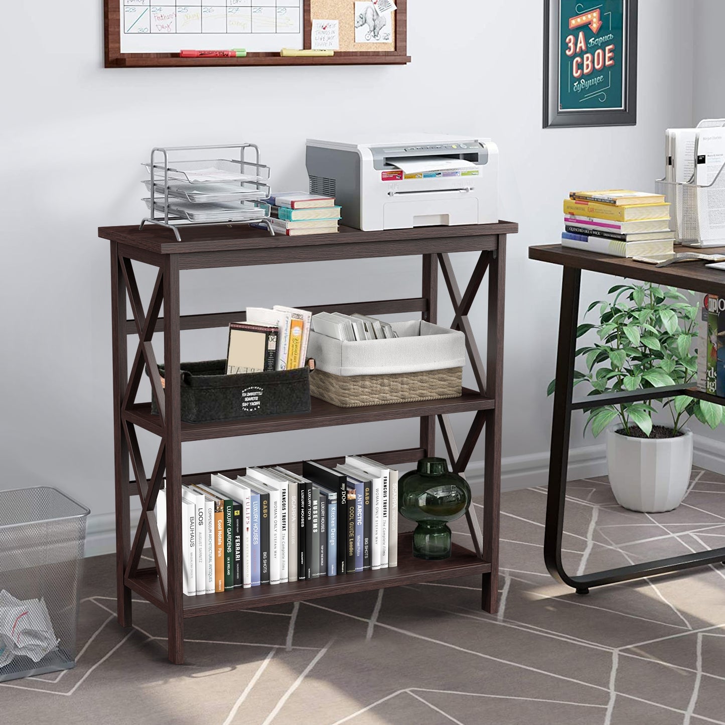 3-Tier Multi-Functional Storage Shelf Units Wooden Open Bookcase and Bookshelf-Dark Brown Kids Crystal