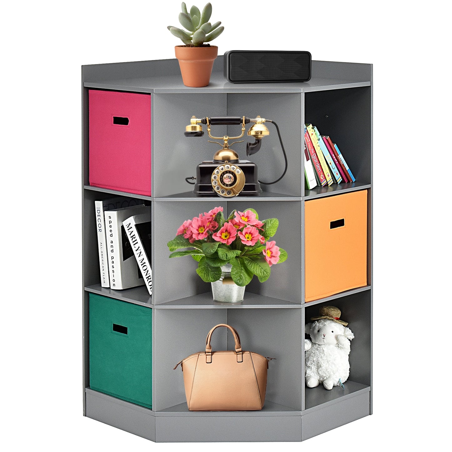 3-Tier Kids Storage Shelf Corner Cabinet with 3 Baskets-Gray Kids Crystal