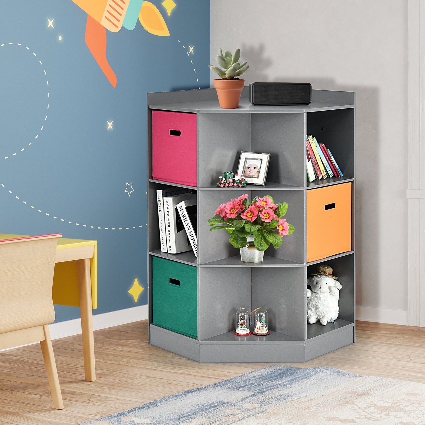 3-Tier Kids Storage Shelf Corner Cabinet with 3 Baskets-Gray Kids Crystal