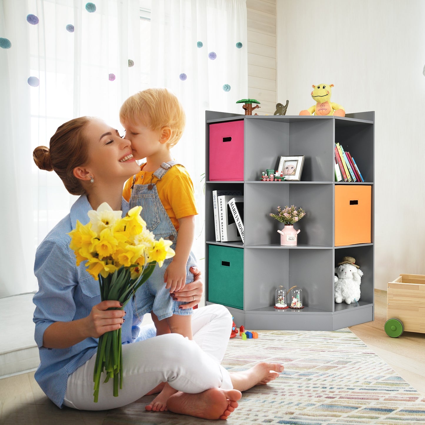 3-Tier Kids Storage Shelf Corner Cabinet with 3 Baskets-Gray Kids Crystal