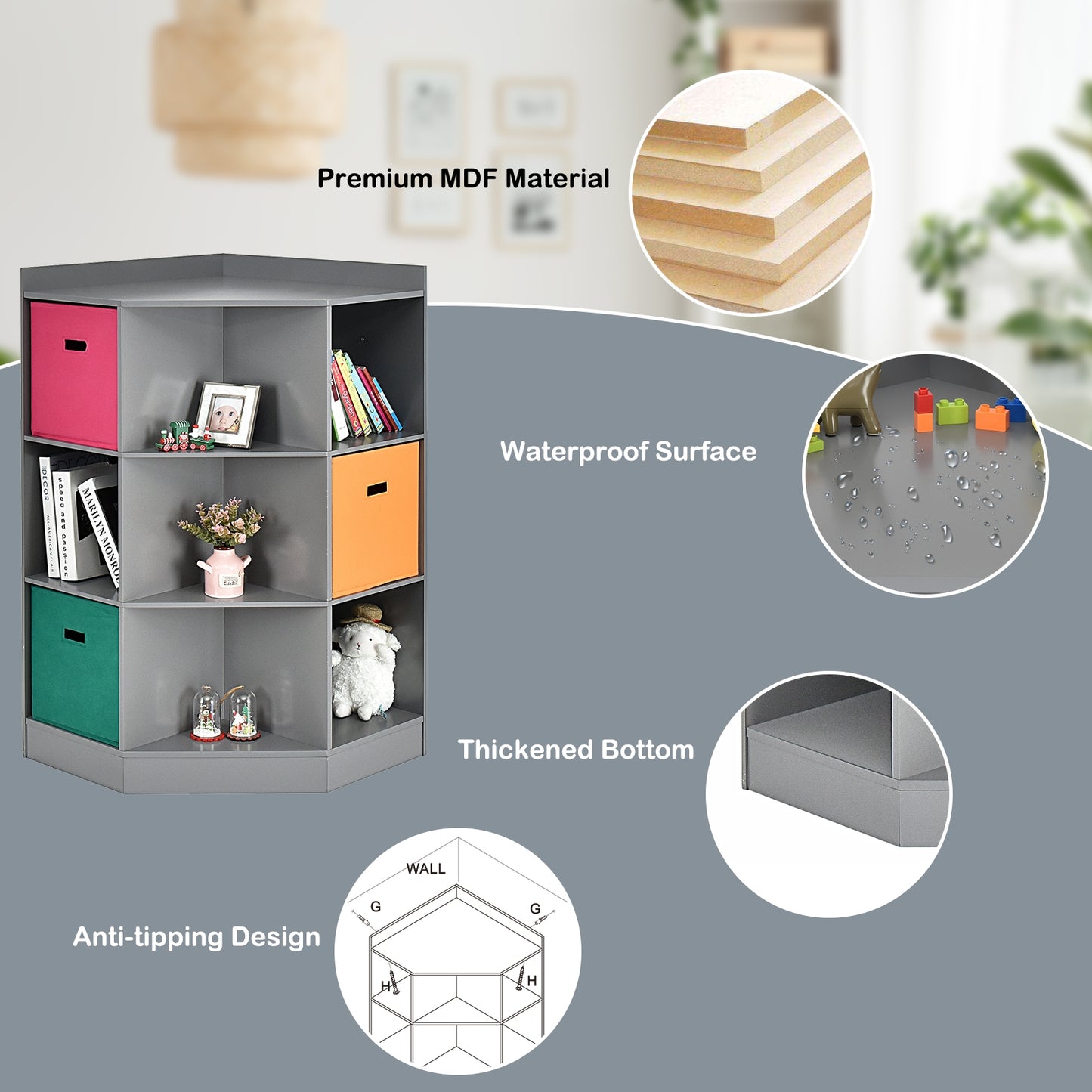 3-Tier Kids Storage Shelf Corner Cabinet with 3 Baskets-Gray Kids Crystal