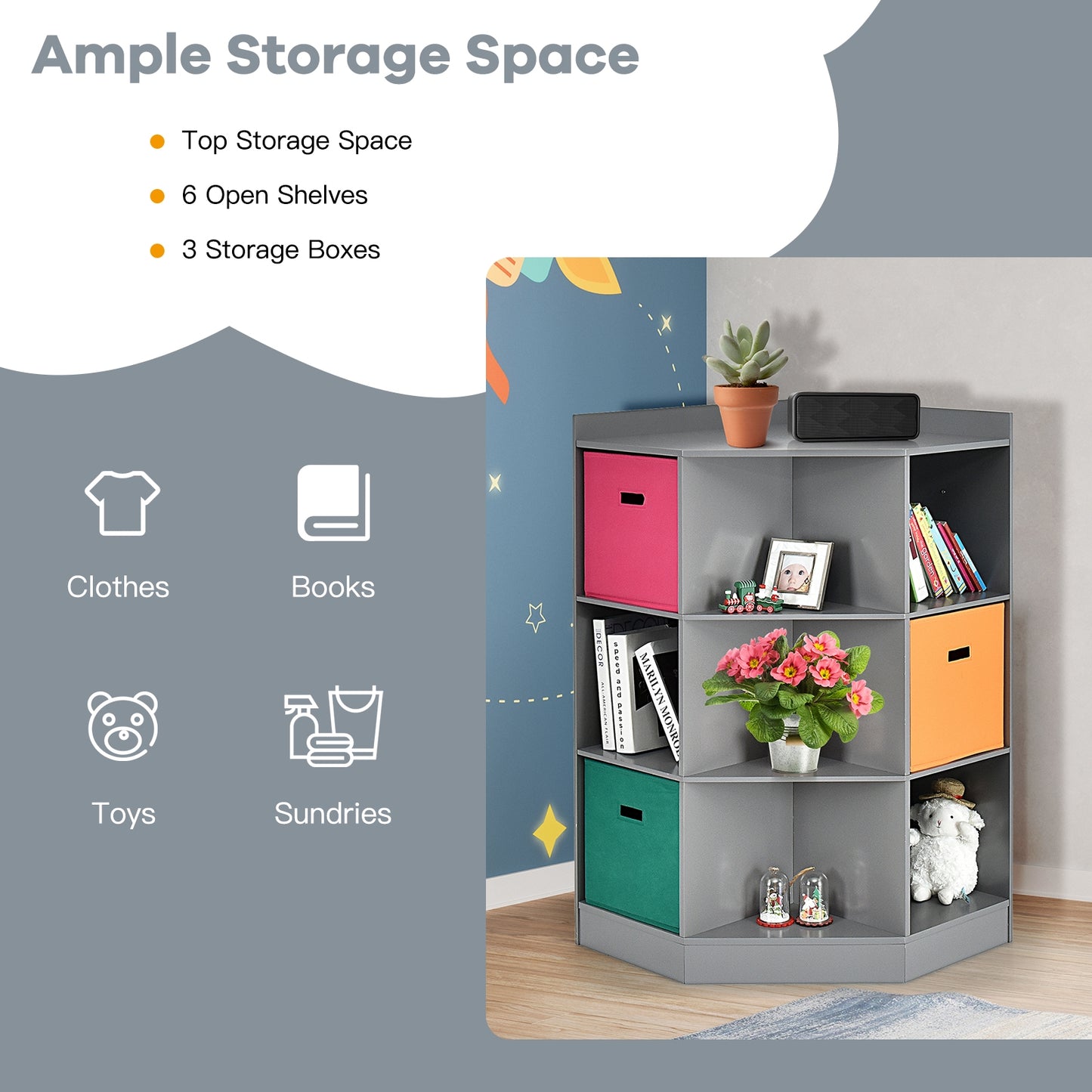 3-Tier Kids Storage Shelf Corner Cabinet with 3 Baskets-Gray Kids Crystal