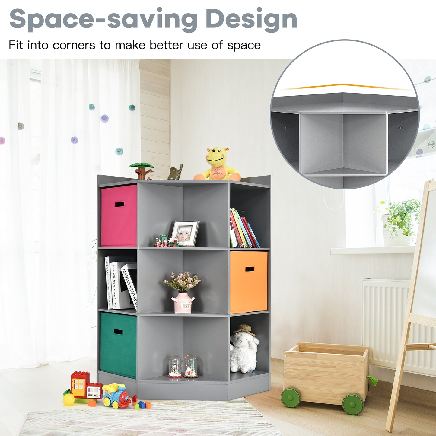 3-Tier Kids Storage Shelf Corner Cabinet with 3 Baskets-Gray Kids Crystal