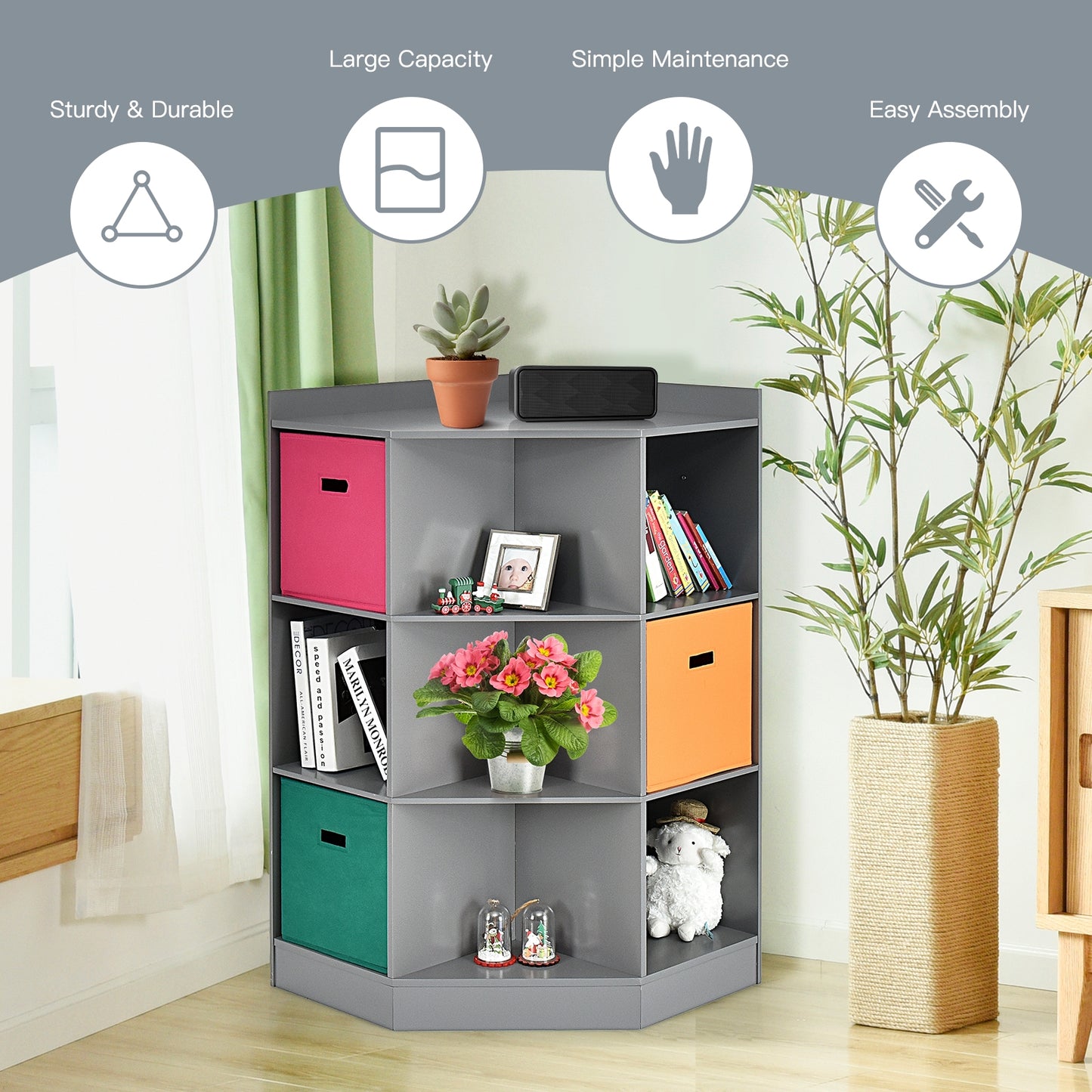 3-Tier Kids Storage Shelf Corner Cabinet with 3 Baskets-Gray Kids Crystal
