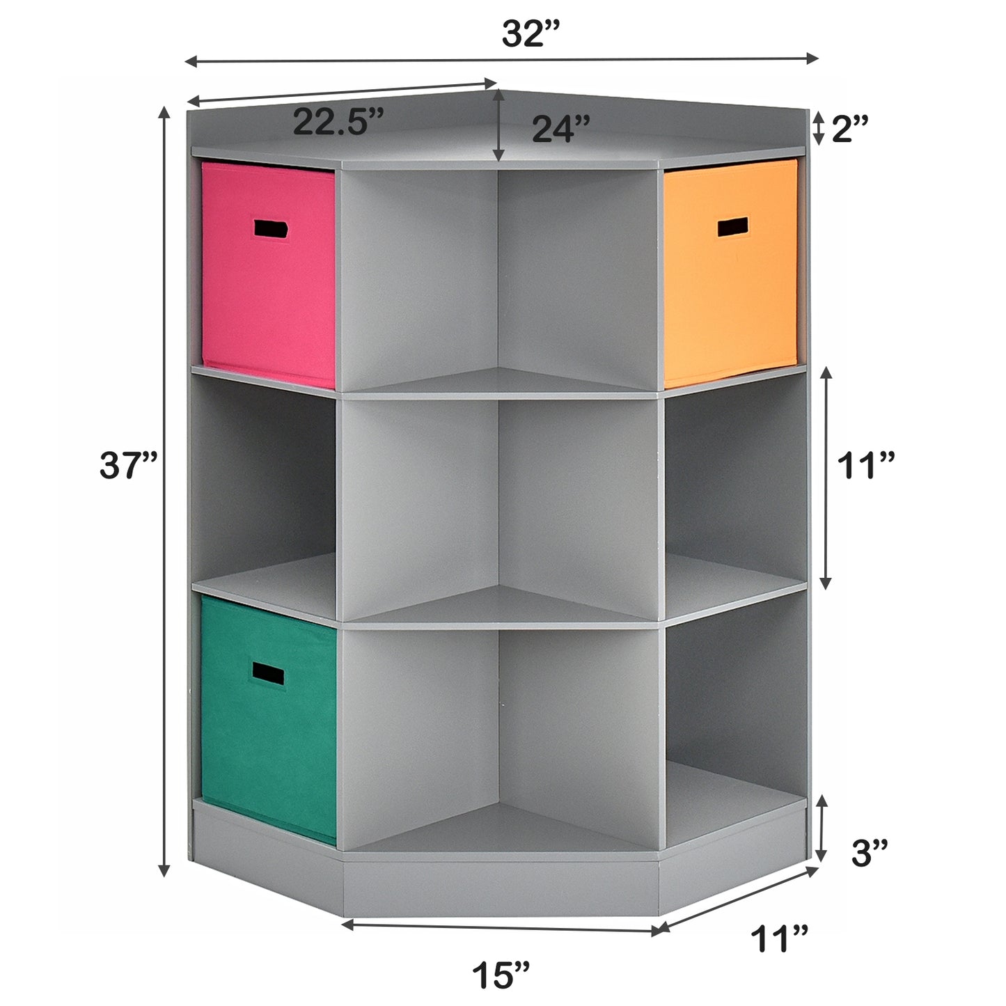 3-Tier Kids Storage Shelf Corner Cabinet with 3 Baskets-Gray Kids Crystal