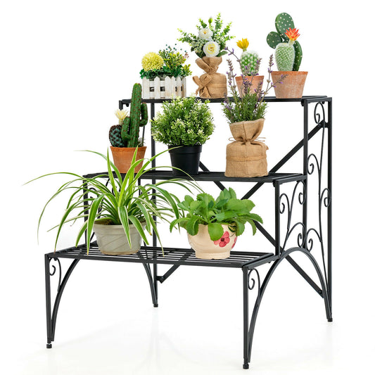 3-Tier Metal Plant Stand with Widened Grid Shelf for Porch Garden-Black Kids Crystal