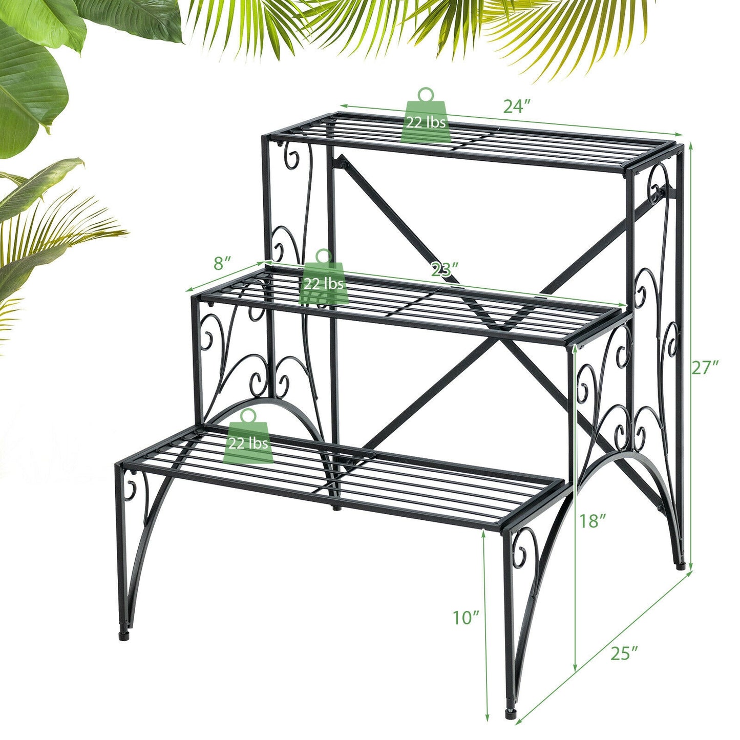 3-Tier Metal Plant Stand with Widened Grid Shelf for Porch Garden-Black Kids Crystal