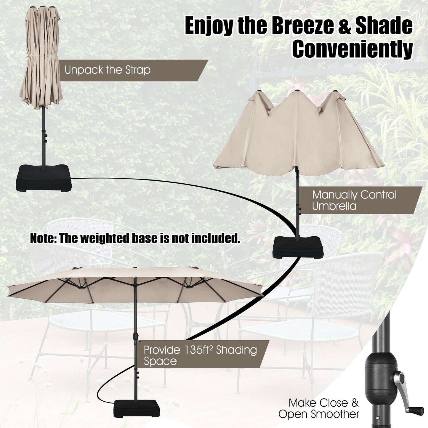 15 Feet Patio Double-Sided Umbrella with Hand-Crank System-Beige Kids Crystal