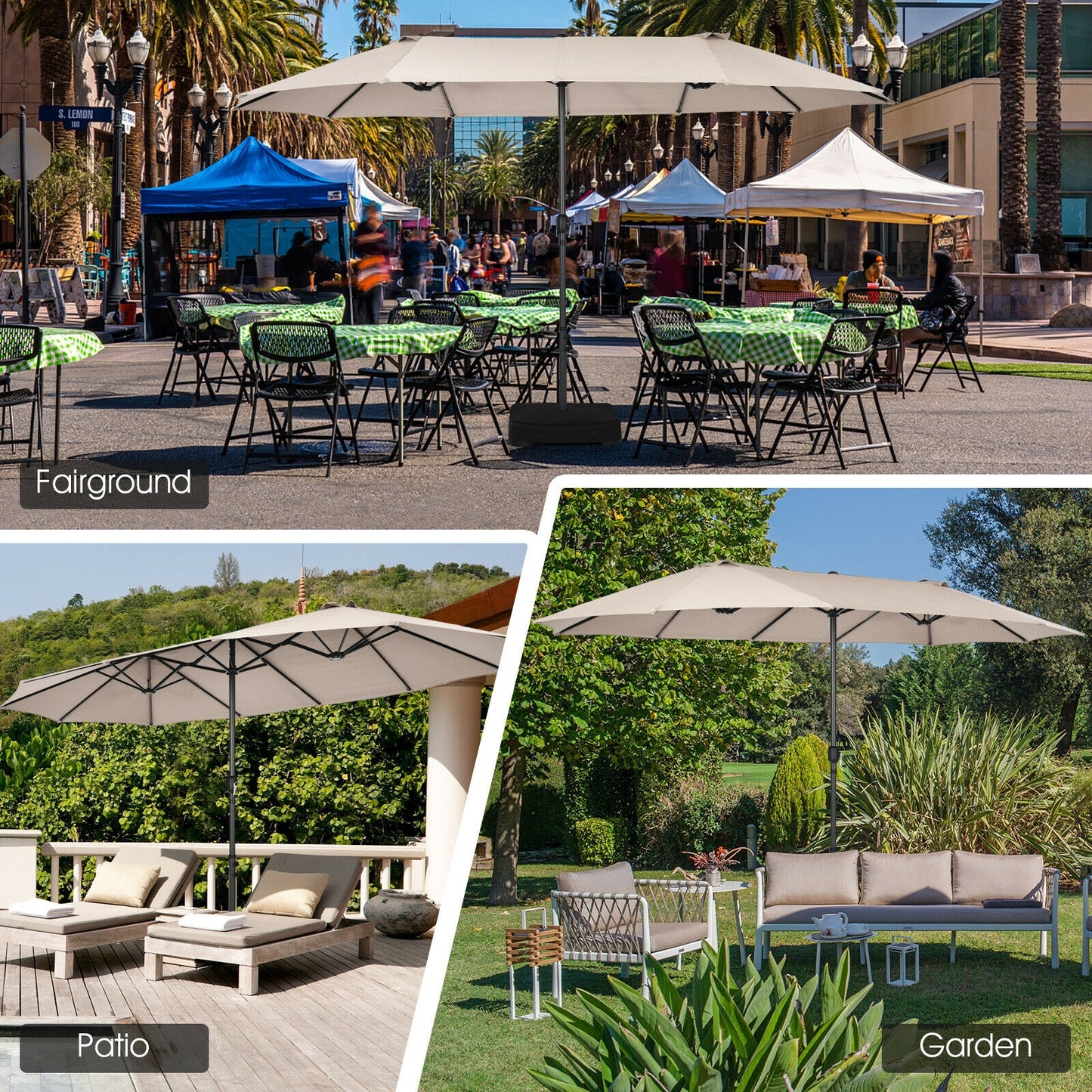 15 Feet Patio Double-Sided Umbrella with Hand-Crank System-Beige Kids Crystal