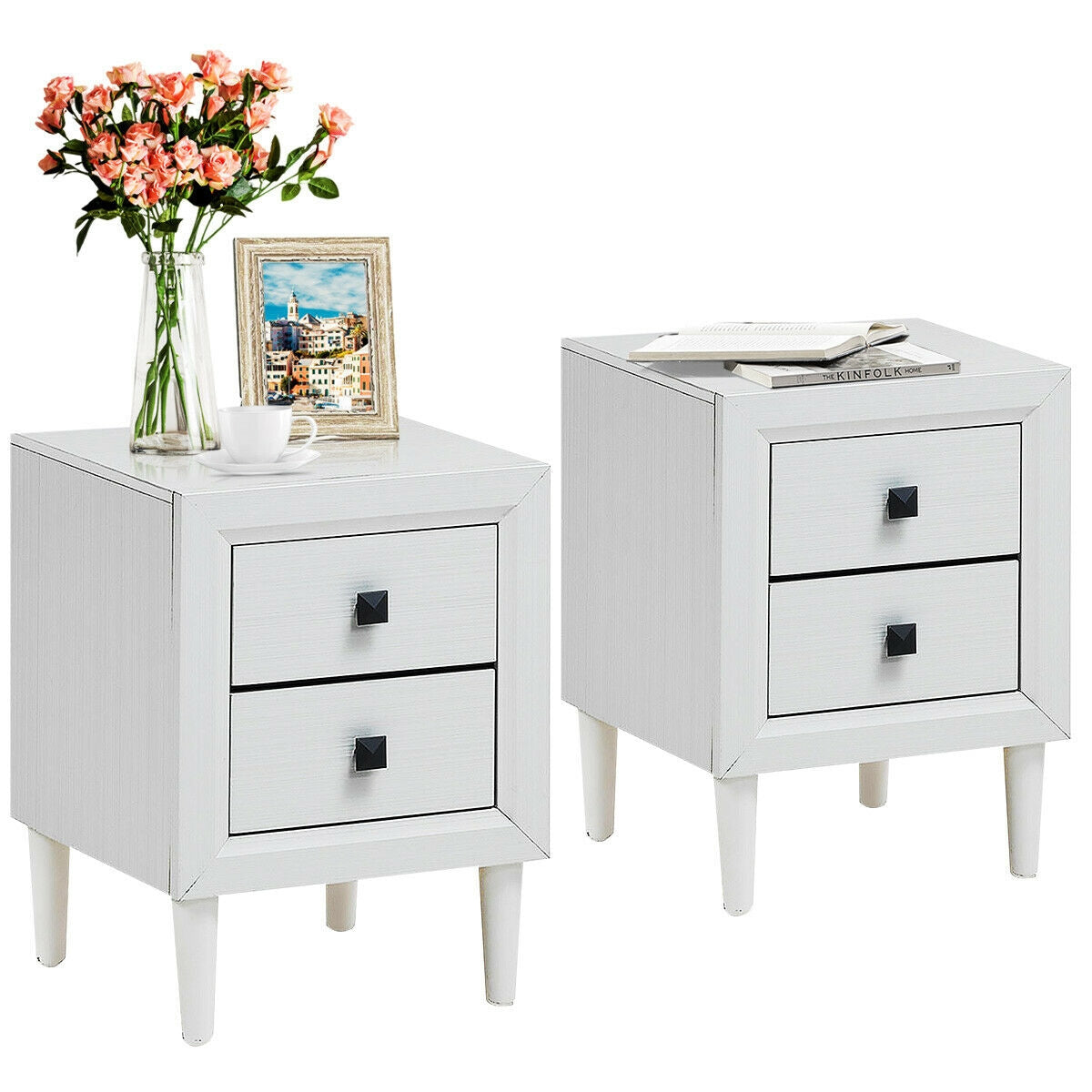 2Pcs Multipurpose Retro Nightstand with 2 Drawers-White Kids Crystal
