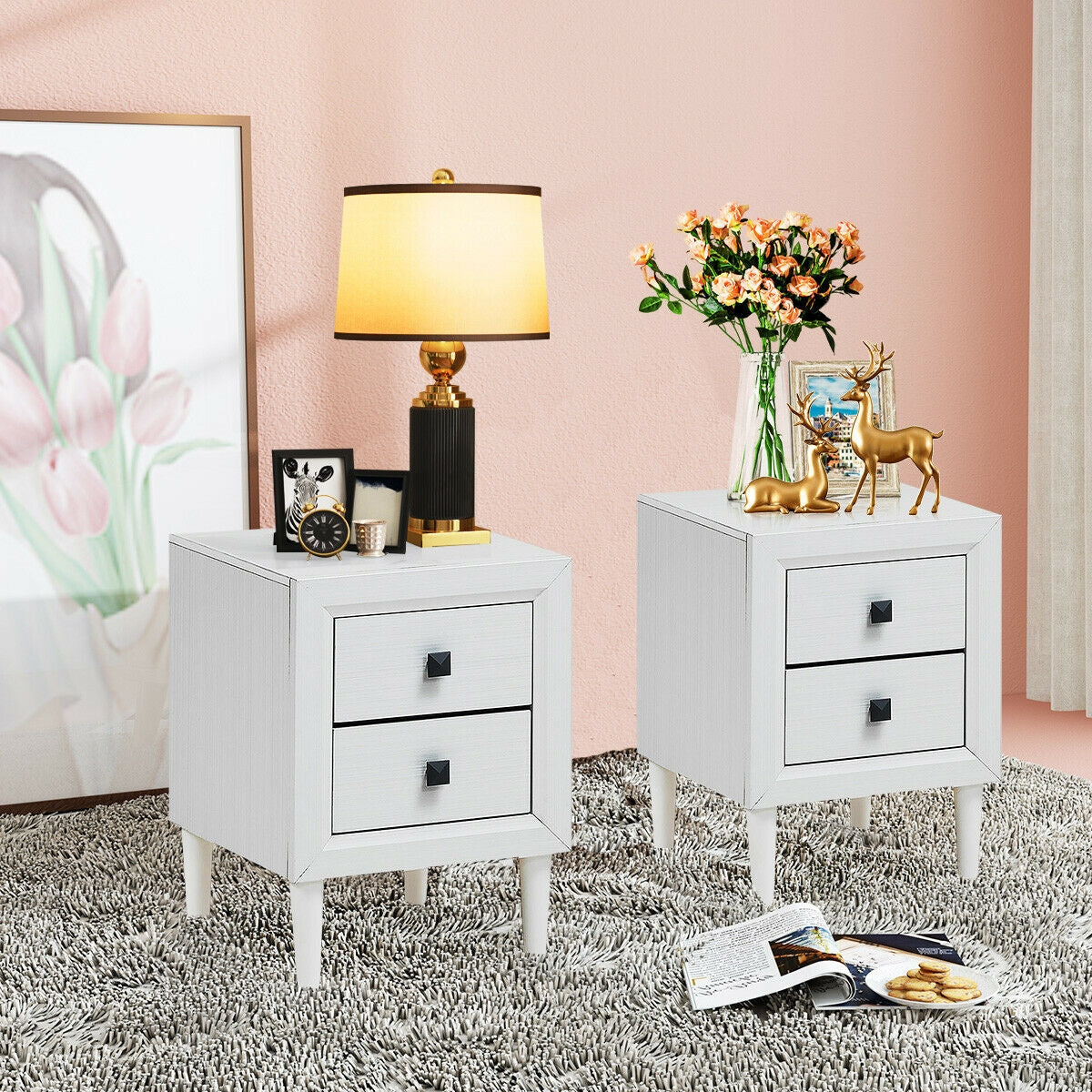 2Pcs Multipurpose Retro Nightstand with 2 Drawers-White Kids Crystal