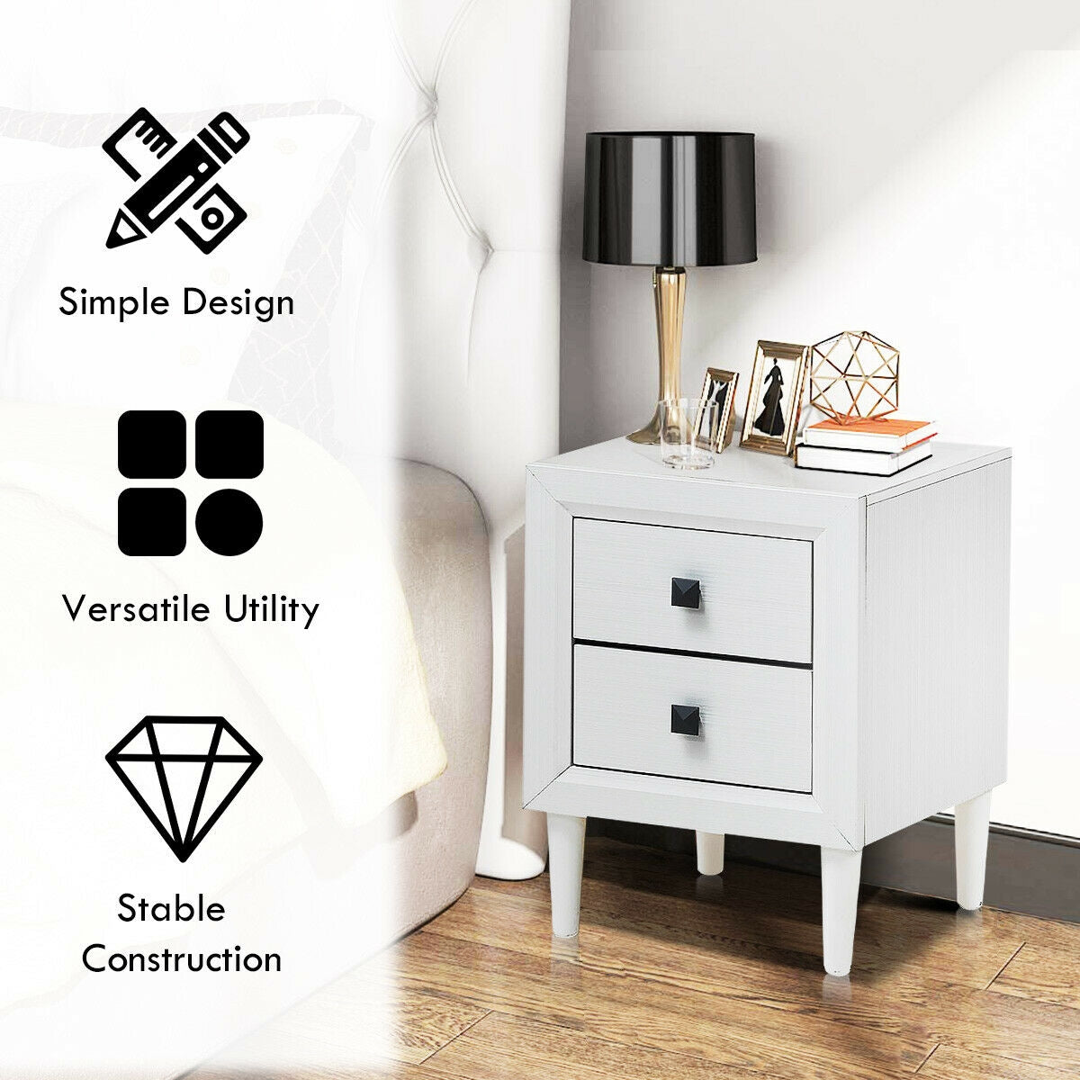 2Pcs Multipurpose Retro Nightstand with 2 Drawers-White Kids Crystal