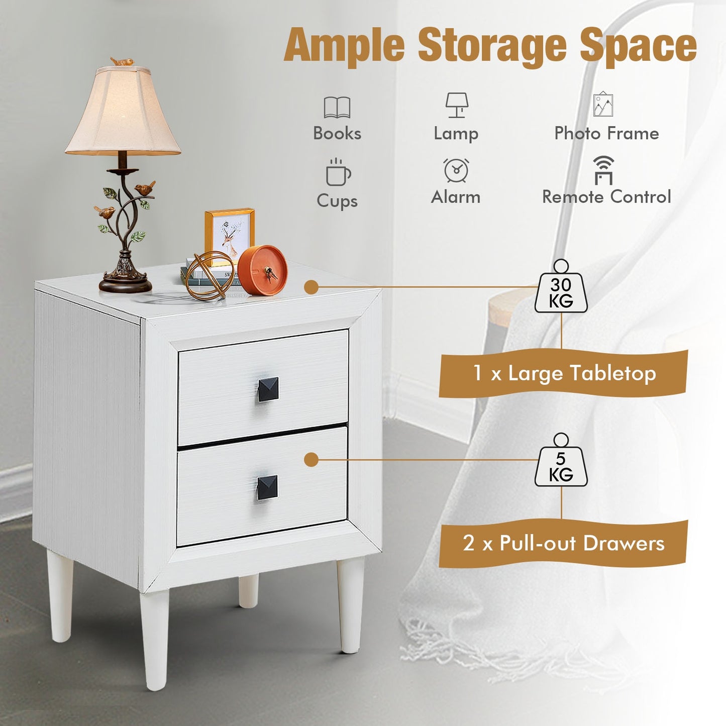 Multipurpose Retro Bedside Nightstand/ End Table with 2 Drawers-White Kids Crystal