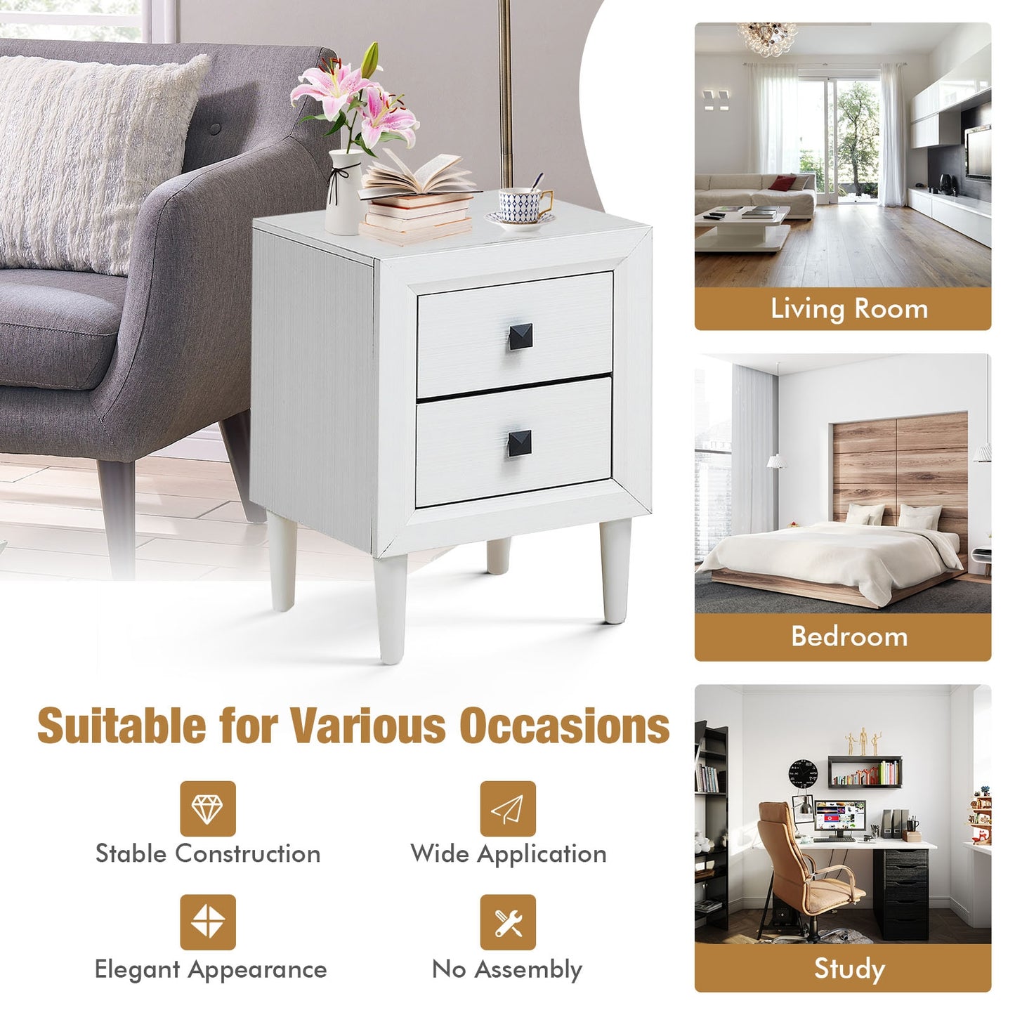 Multipurpose Retro Bedside Nightstand/ End Table with 2 Drawers-White Kids Crystal
