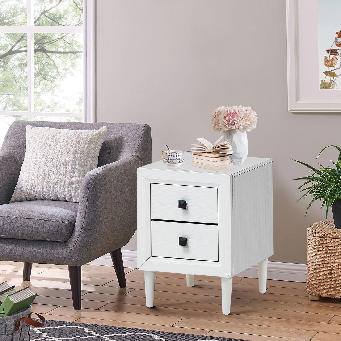 Multipurpose Retro Bedside Nightstand/ End Table with 2 Drawers-White Kids Crystal