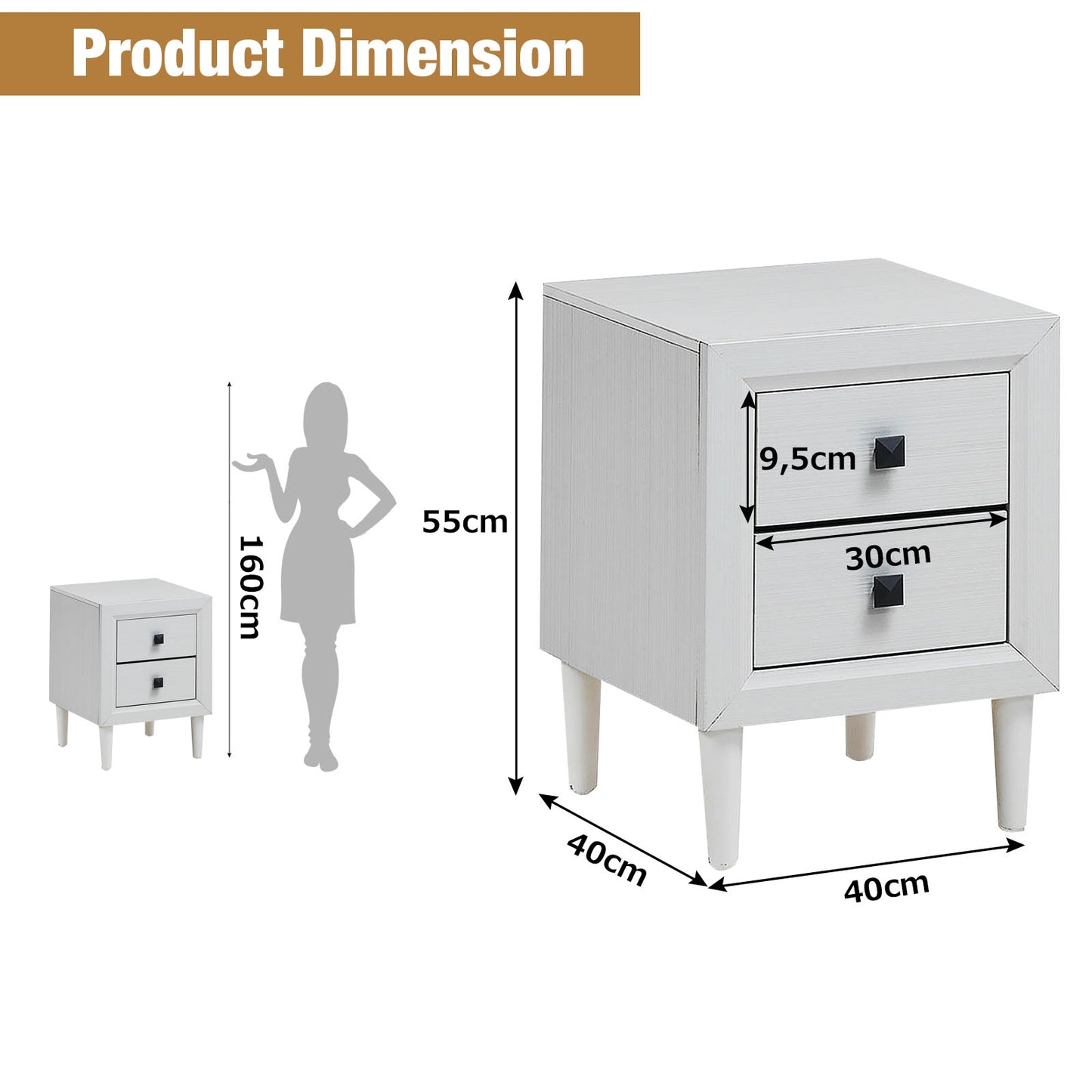 Multipurpose Retro Bedside Nightstand/ End Table with 2 Drawers-White Kids Crystal