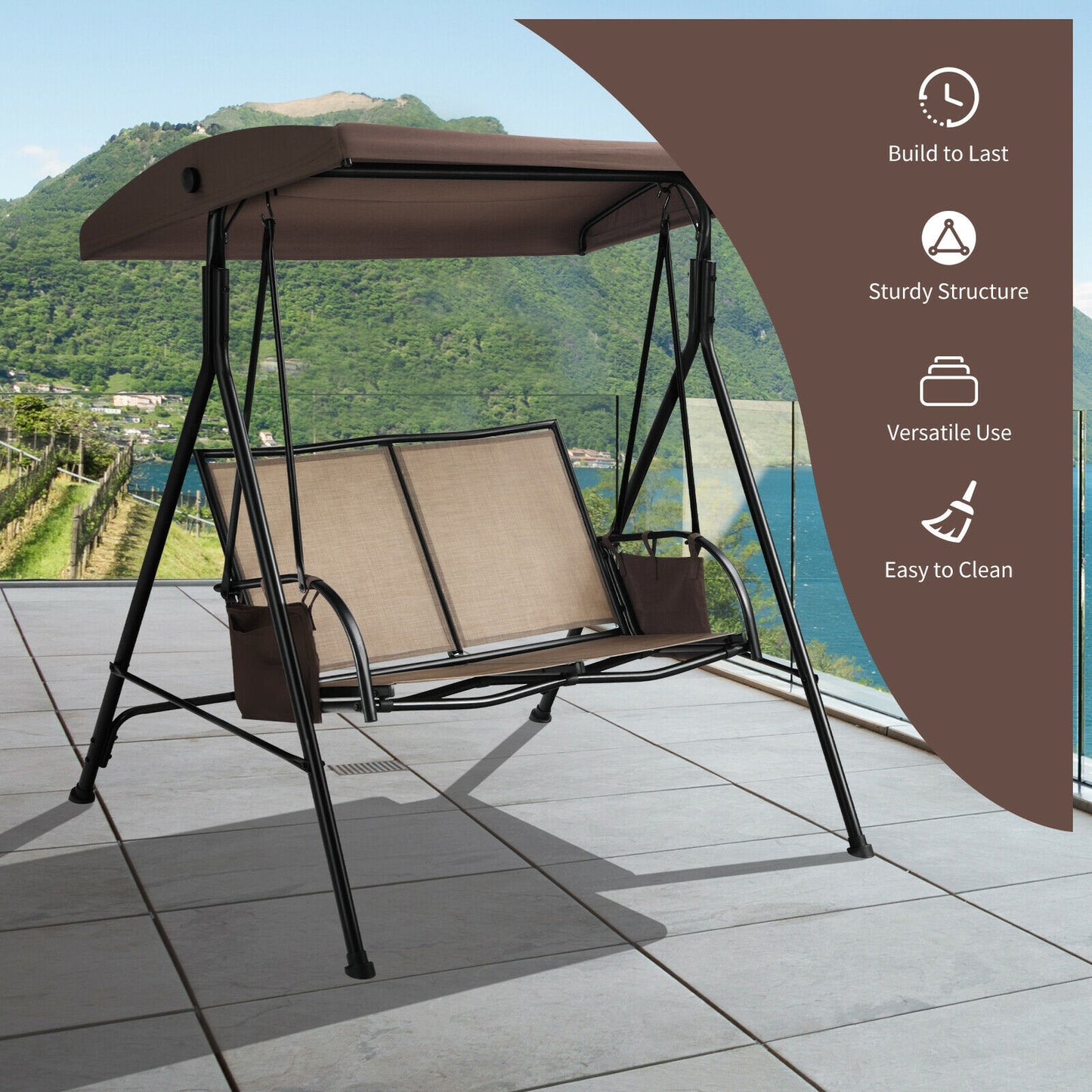 2 Seat Patio Porch Swing with Adjustable Canopy Storage Pockets Brown Kids Crystal