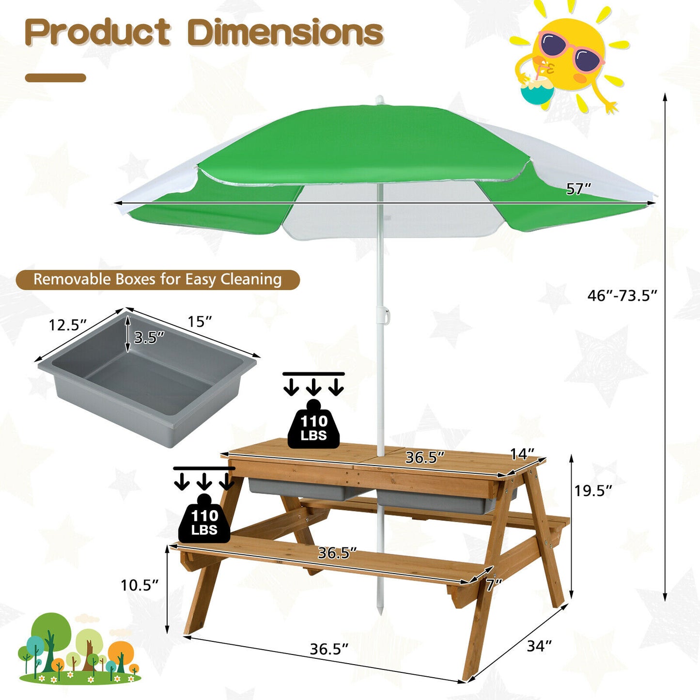 3-in-1 Kids Outdoor Picnic Water Sand Table with Umbrella Play Boxes-Green Kids Crystal