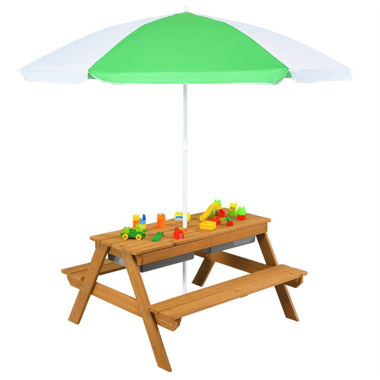3-in-1 Kids Outdoor Picnic Water Sand Table with Umbrella Play Boxes-Green Kids Crystal