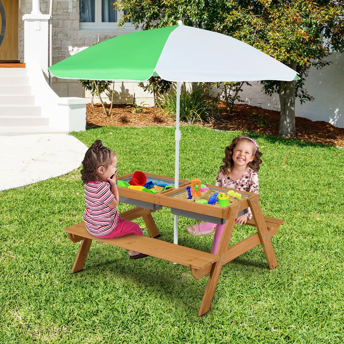 3-in-1 Kids Outdoor Picnic Water Sand Table with Umbrella Play Boxes-Green Kids Crystal
