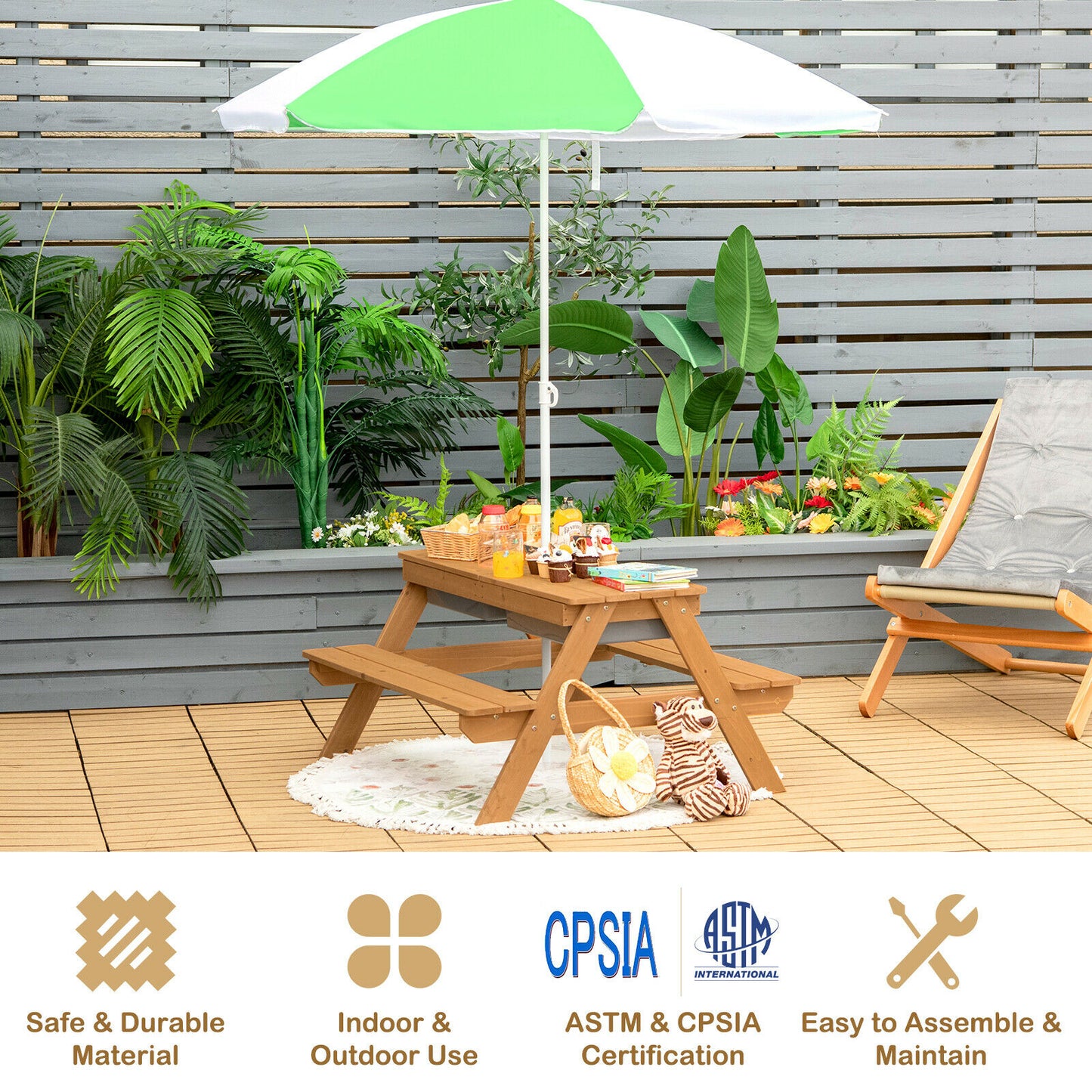 3-in-1 Kids Outdoor Picnic Water Sand Table with Umbrella Play Boxes-Green Kids Crystal