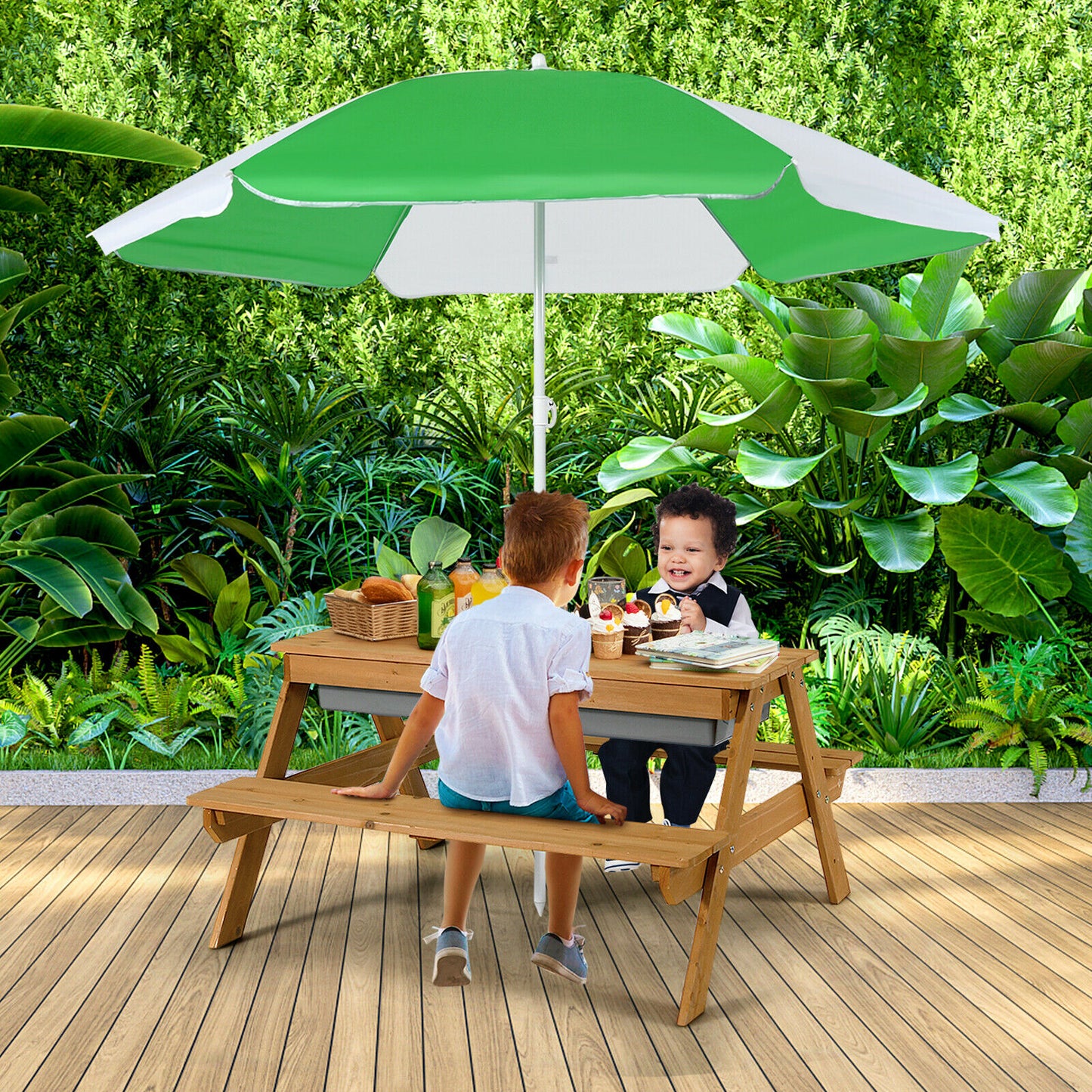3-in-1 Kids Outdoor Picnic Water Sand Table with Umbrella Play Boxes-Green Kids Crystal
