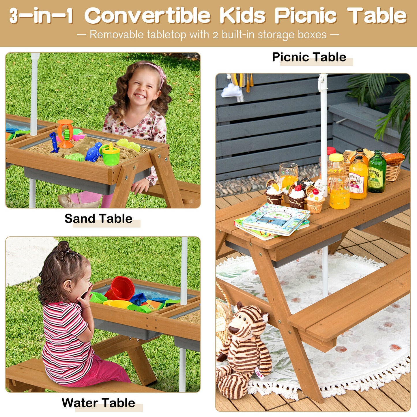 3-in-1 Kids Outdoor Picnic Water Sand Table with Umbrella Play Boxes-Green Kids Crystal