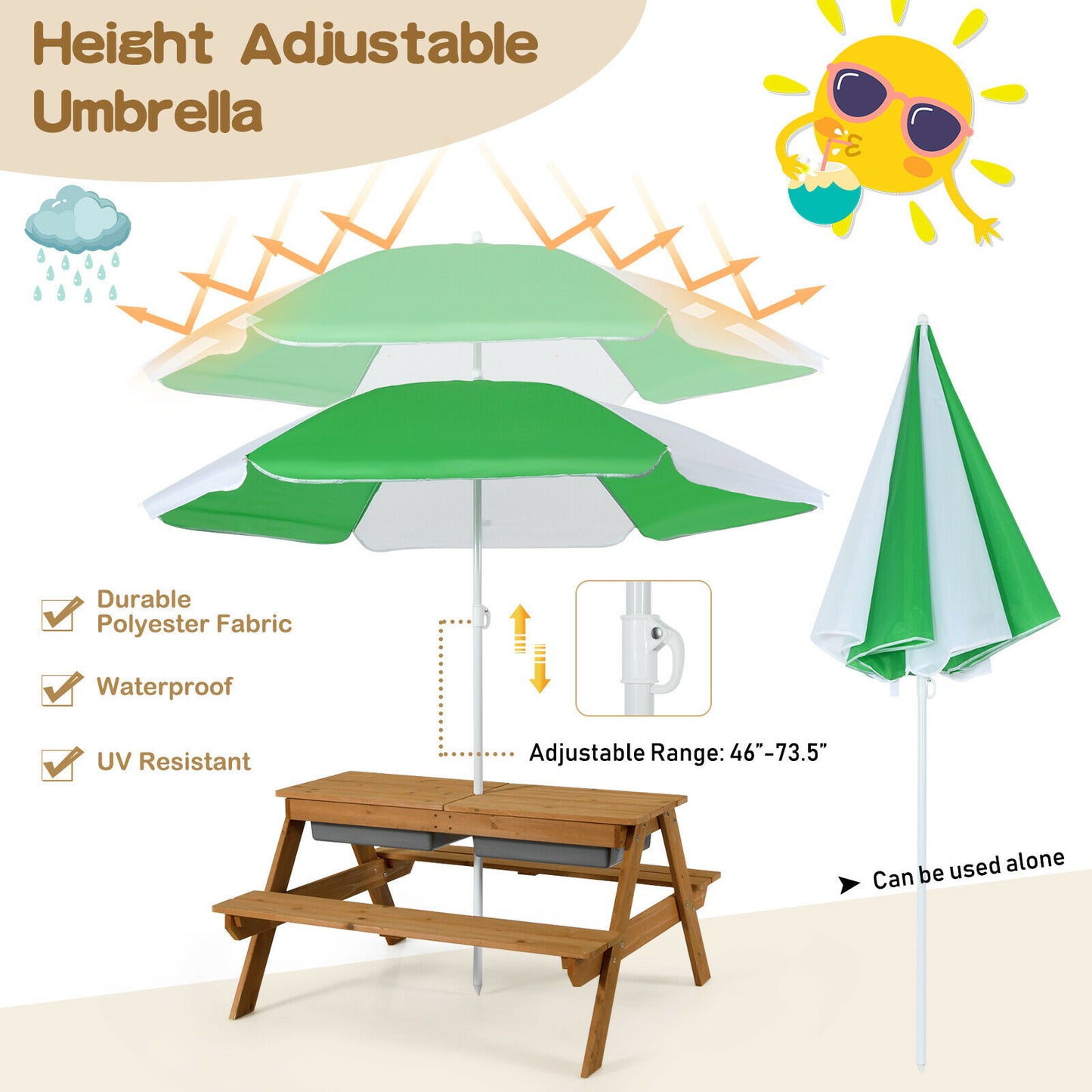 3-in-1 Kids Outdoor Picnic Water Sand Table with Umbrella Play Boxes-Green Kids Crystal