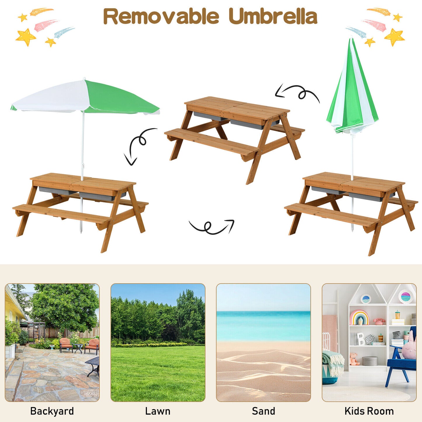 3-in-1 Kids Outdoor Picnic Water Sand Table with Umbrella Play Boxes-Green Kids Crystal