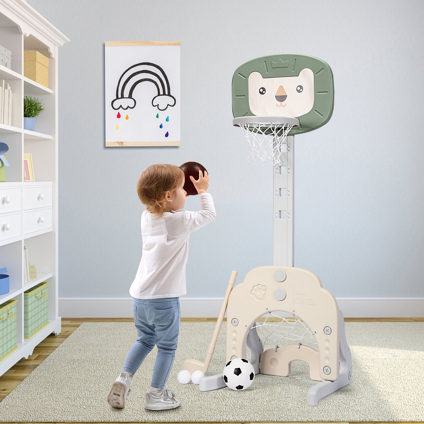 3-in-1 Adjustable Kids Basketball Hoop Sports Set-Green Kids Crystal