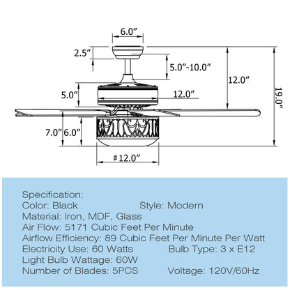 52 Inch Ceiling Fan with Light Reversible Blade and Adjustable Speed-Black