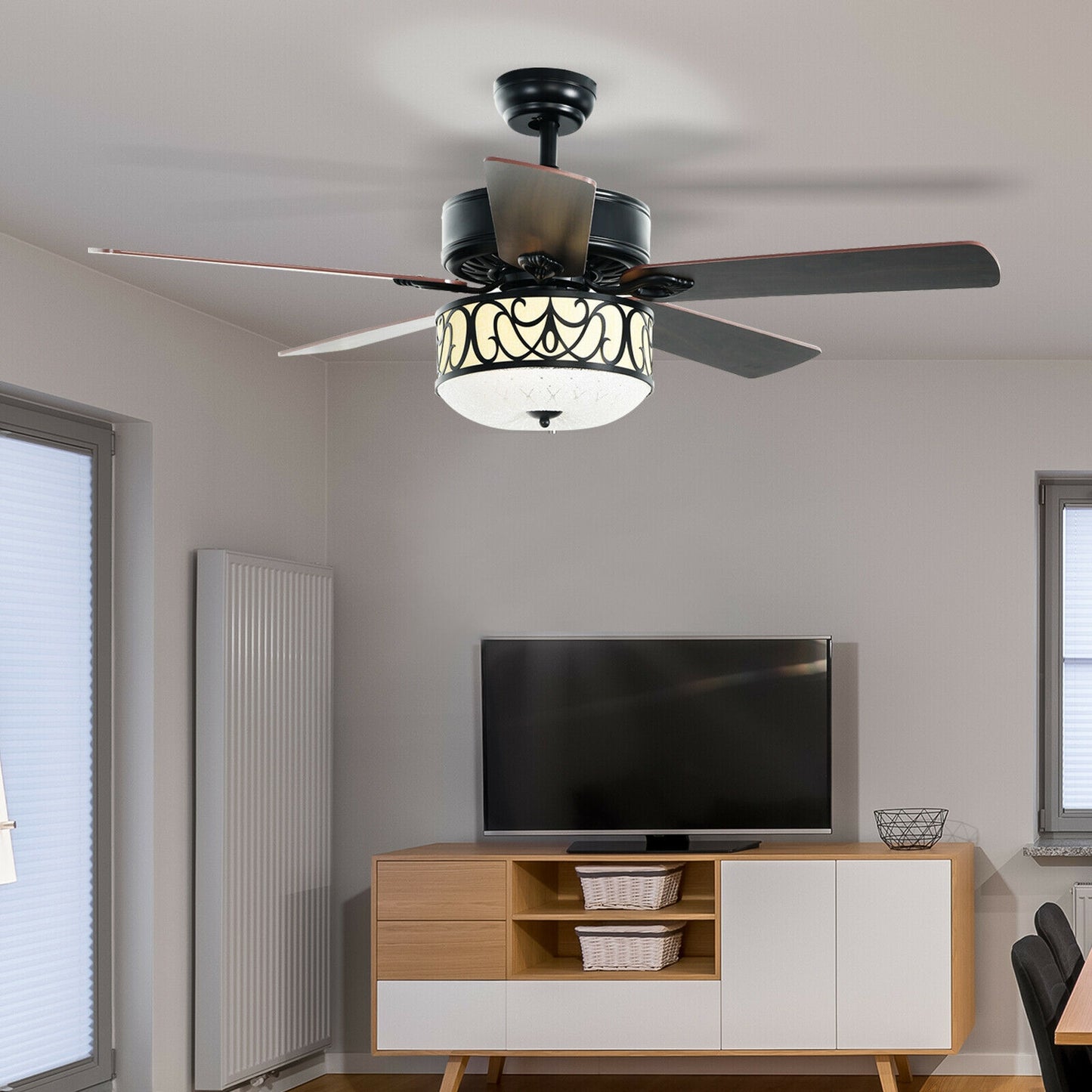 52 Inch Ceiling Fan with Light Reversible Blade and Adjustable Speed-Black Kids Crystal