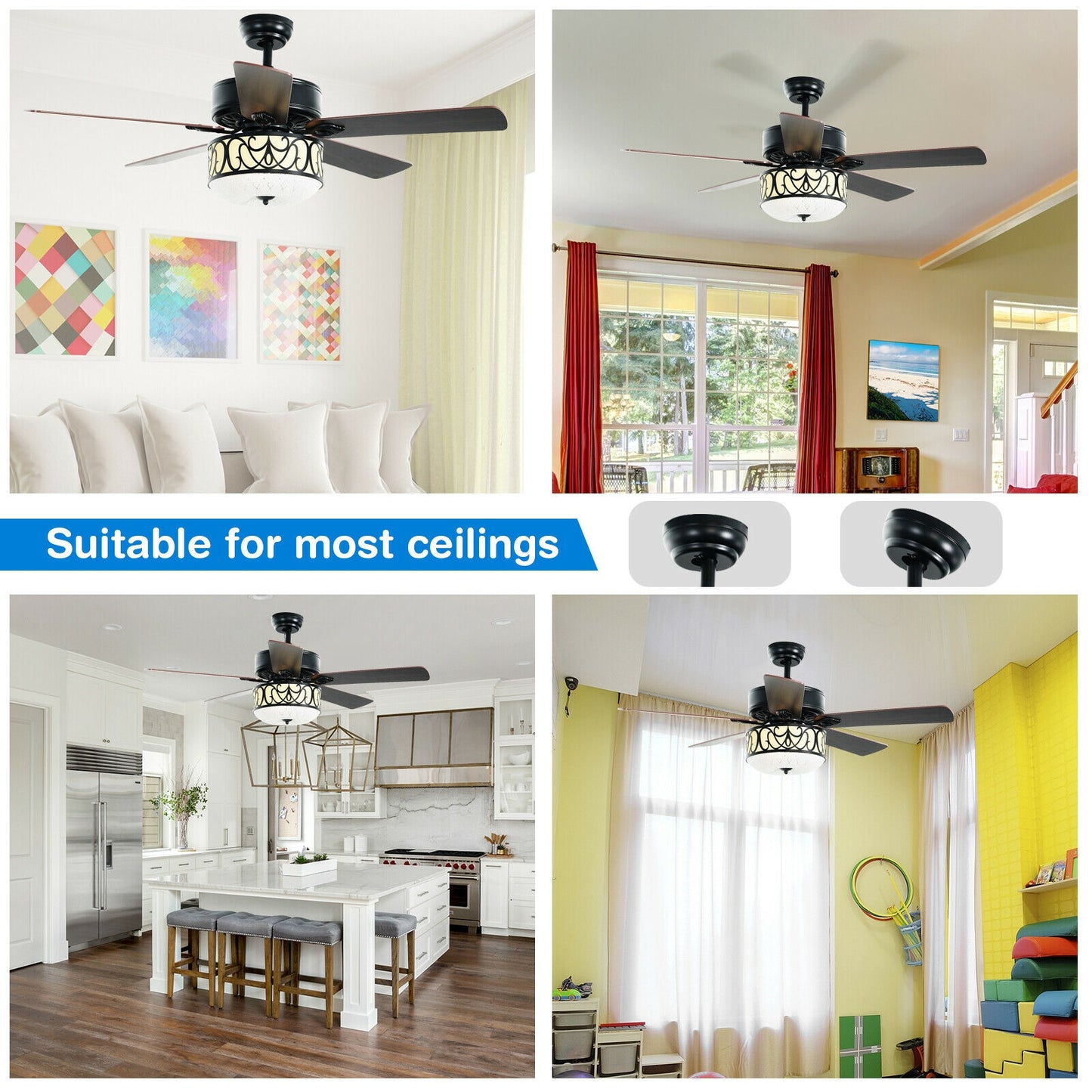 52 Inch Ceiling Fan with Light Reversible Blade and Adjustable Speed-Black Kids Crystal