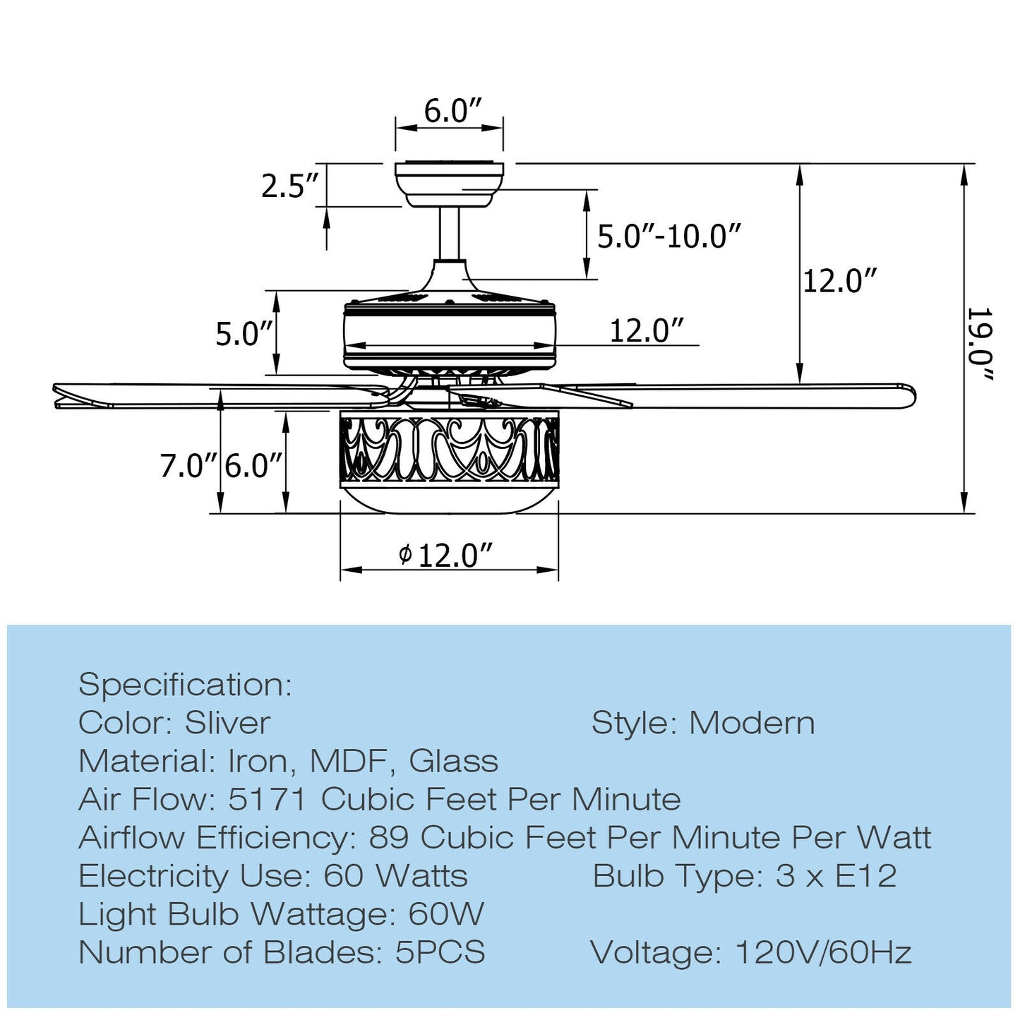 52 Inch Ceiling Fan with Light Reversible Blade and Adjustable Speed-Silver Kids Crystal