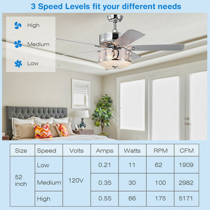 52 Inch Ceiling Fan with Light Reversible Blade and Adjustable Speed-Silver