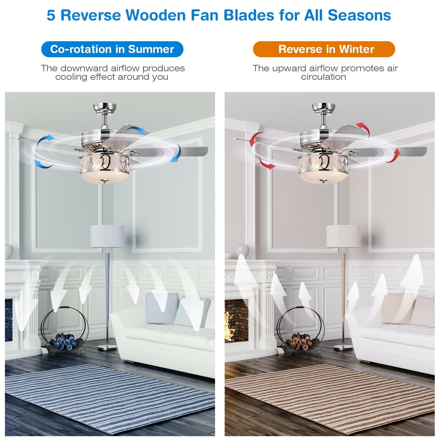 52 Inch Ceiling Fan with Light Reversible Blade and Adjustable Speed-Silver Kids Crystal