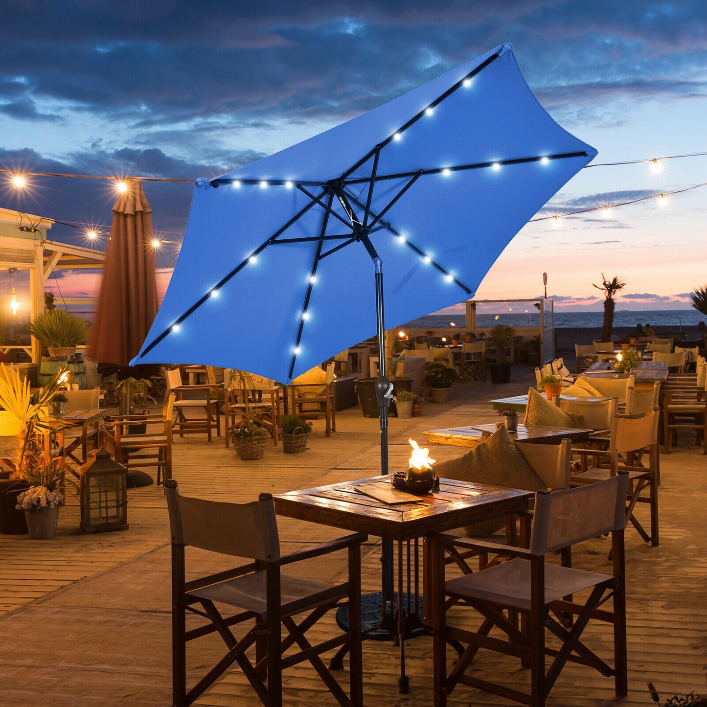 9' Solar LED Lighted Patio Market Umbrella Tilt Adjustment Crank Lift -Blue Kids Crystal